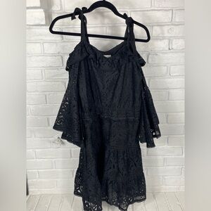 Foxiedox black lace cold shoulder tiered ruffle dress women’s Medium New Preppy
